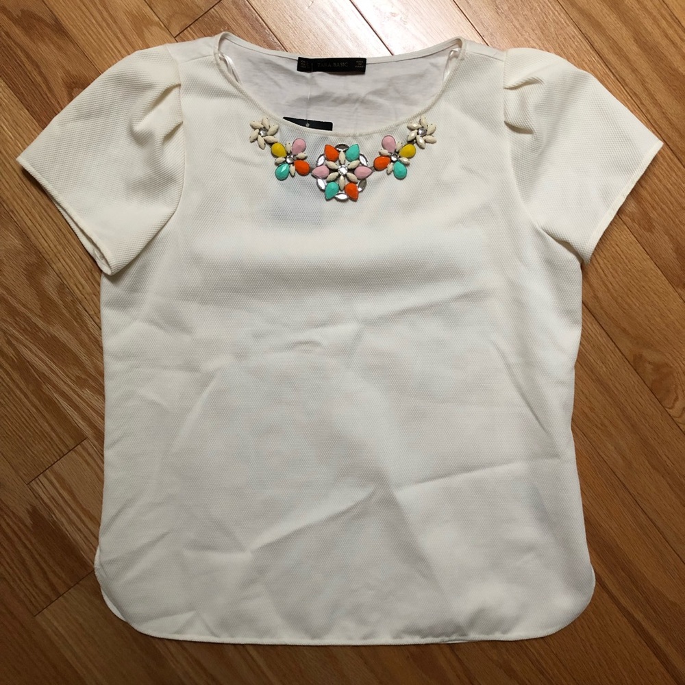 NWT ZARA BASIC Cream Embellished Top (Size L)
